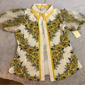 Peach Couture Yellow Floral Sheer Sleeve Blouse